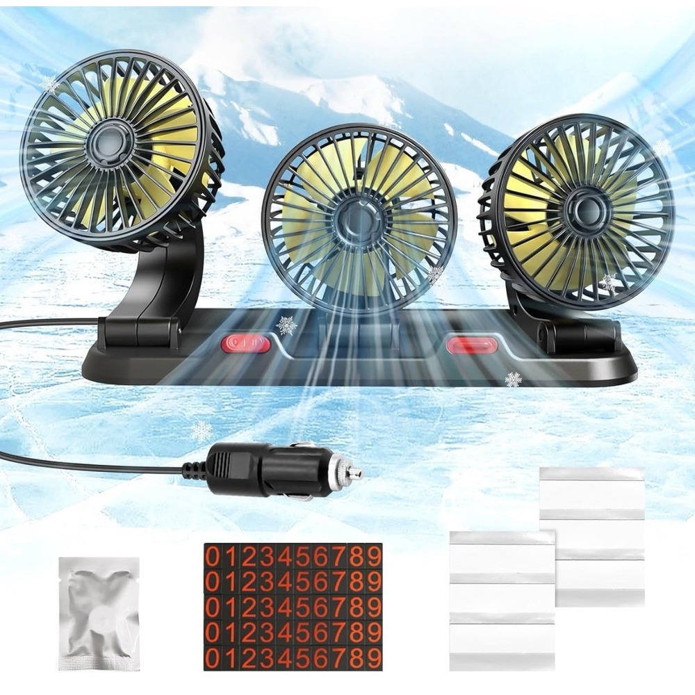 Portable 3-Head Car Cooling Fan 2-Speed Adjustable 360 Rotating Powerful Airflow